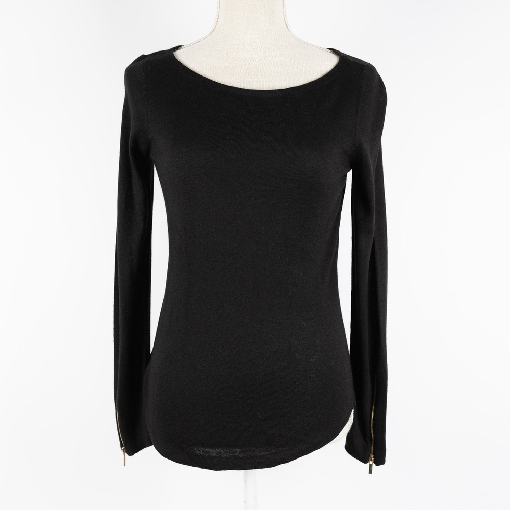 Ann Taylor Petite Black Top Size SP Womens Long Sleeve with Gold Zipper‎ Accents